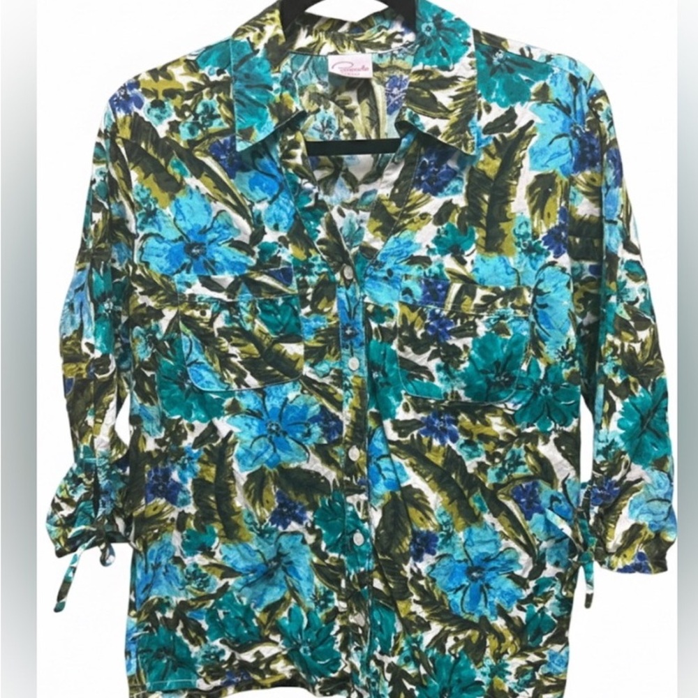 Chico's Vibrant Blue and Green Floral Button-Down Shirt